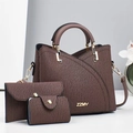Brown 3-in-1 handbag set for women with vertical pleated texture and shoulder strap - Handbag And Long Wallet And Card Holder / Coffee