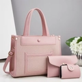 Detailed view of pink 3-piece bag set with tote, wallet, and card holder in woven PU leather - Tote Handbag And Clutch And Card Holder Set / Pink