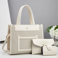 Three-piece women's handbag set featuring tote, envelope bag and card holder in cream texture - Tote Handbag And Clutch And Card Holder Set / Off-white