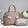 Taupe crocodile embossed leather handbag set with tote and matching cosmetic pouch - Gray