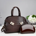 Deep burgundy glossy crocodile textured handbag and small crescent purse set with gold buckles - 29cm x 12cm x 20cm / Coffee