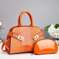 Glossy orange faux crocodile leather tote bag set with a matching pouch and gold hardware - Orange