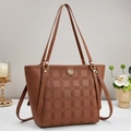Brown large capacity tote bag with checkerboard embossing and gold hardware for commute - Earthy Yellow