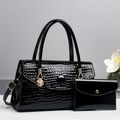 Detail of black crocodile texture patent leather handbag set with gold lion charm - 30cmx12cmx18cm / Black