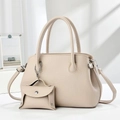 Elegant beige pebbled leather tote bag with a mini coin purse and adjustable shoulder strap - Khaki
