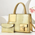 Golden lizard embossed handbag set with crossbody strap and matching evening clutch - Gold