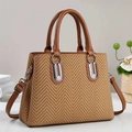 Women's autumn tote bag in brown herringbone fabric with leather handles and strap - 30/13/23 / Khaki/Earth Yellow