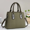 Olive green herringbone handbag with detachable shoulder strap and silver buckle - 30x13x23cm / Green