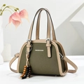 Fashion green fabric and beige leather handbag with long handles and wooden bead tassel - Green