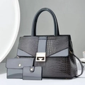 Detailed set of blue faux crocodile leather handbag, matching wallet, and a card holder - Gray