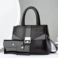 Detailed set of 3 black crocodile texture handbags with gold logo and shoulder strap - Black