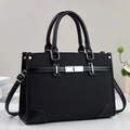 Classic black striped tote bag for women with silver lock and leather handles for office - Black