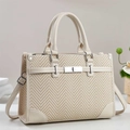 Detail of herringbone fabric tote bag with cream leather trim and gold metal clasp lock - Off White