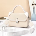 Fashionable cream white square crossbody bag with silk scarf handle and canvas strap - 21x8x14cm / Off White