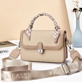 Beige woven handbag with silk scarf handle and wide FASHION & CLASSIC shoulder strap - 21x8x14cm / Khaki