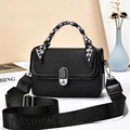 Chic black textured square handbag with silk scarf handle and embossed wide strap - 21x8x14cm / Black