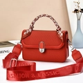 Detail of red square crossbody bag with silk scarf handle and wide branded fabric strap - 21x8x14cm / Red