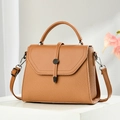 Brown woven texture crossbody handbag with round metallic buckle and adjustable strap - Khaki/Earth Yellow