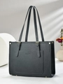 Minimalist black lychee leather tote bag with long handles and front pocket - Gray