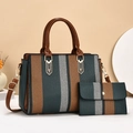 Large green and brown striped tote bag and clutch set with adjustable shoulder strap - Blue