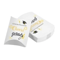 Close-up of graduation pillow gift boxes with congratulation print and flat packaging - White (Cheers Grad)