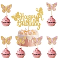 Rosa und goldener Kuchendeko-Set zum 1. Geburtstag mit Glitzer-Schmetterlingen - Gold Glitzer Schmetterling Thema