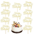 Close-up of golden glitter Happy Birthday cake toppers with wooden sticks set of 10 - Gold Glitter