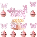 Rosa Glitzer Schmetterling Geburtstagskuchendeckel Set mit Happy Birthday Schild Deko - Rosa Glitzer Schmetterling Thema