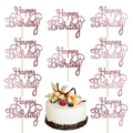 Ten pink glitter Happy Birthday cake toppers with wooden sticks for birthday party decoration - Dark Pink Glitter