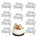 Set of 10 silver glitter Happy Birthday cake toppers with elegant script design - Silver Glitter