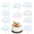 Set of 11 laser rainbow Happy Birthday cake toppers on a fresh strawberry cream cake - Happy Birthday / 10 Pieces Pack / Holographic Color