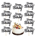 Set of 11 black glitter Happy Birthday cake toppers with sticks for party dessert decoration - Happy Birthday / 10 Pieces Pack / Black