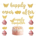 Gouden glitter Happily Ever After banner en vlinder taart decoratie set - Banner En Taarttopper Set / Goud