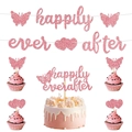 Roze glitter happily ever after taarttopper en vlinder banner feest decoratie set - Banner En Taarttopper Set / Roségoud