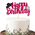 Topper torta disco party con scritta Happy Birthday glitter rosa e palla stroboscopica - Topper Rosa Rosso + Cappello Nero