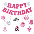 Roze glitter Happy Birthday banner met Western disco cowboy hangende decoratie set - Disco Banner & Spiralen Set