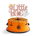 Halloween Little Boo Kuchendeko aus Roségold-Glitzer auf orangefarbenem Spinnennetz-Kuchen - Roségold Halloween Geburtstag Tortenaufsatz