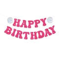 Roze glitter Happy Birthday slinger met holografische schijven voor feestdecoratie - Disco Verjaardag Banner