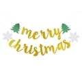 Glittering Merry Christmas banner with gold letters green trees and silver snowflakes - Merry Christmas Hanging Banner / Gold Glitter Multi-color