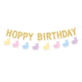 Dettaglio dello striscione Hoppy Birthday glitterato con ghirlanda di conigli colorati - Tema Hoppy Birthday Oro (Stile 2)