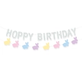 Dettaglio dello striscione Hoppy Birthday con glitter argento e coniglietti pastello - Tema Hoppy Birthday Argento (Stile 3)
