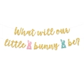 Dettaglio dello striscione glitterato What Will Our Little Bunny Be per baby shower - Tema Gender Reveal-What will our little bunny be? (Stile 1)
