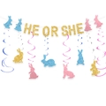 Glitter He or She banner with blue and pink rabbit hanging swirls for gender reveal party - Banner And Hanging Swirls