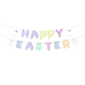 Close-up of Happy Easter banner with colorful letters and cute white bunny cutouts - Banner