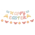 Striscione colorato Happy Easter con coniglietti pastello, farfalle e decori floreali - Banner di lettere