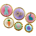 Easter paper fan decoration set with gold edges, bunnies, eggs and Happy Easter sign - Colorful Glitter Icons Style (Style 2) / 6-Piece Set