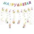 Set de pancarta HAPPY EASTER colorida con colgantes en espiral de conejos y pollitos - Pancarta Happy Eastar Arcoíris Y Espirales Colgantes