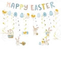 Set de decoración de Pascua con pancarta Happy Easter, tarjetas de conejo y espirales - Pancarta Happy Easter Macarrón Y Espirales De Conejo Huevo