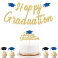 Set striscione Happy Graduation glitter oro e topper per torta con tocchi blu accesi - Set di Laurea Blu (Banner + Decorazioni)
