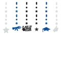 Detail of 2024 graduation hanging banners with glitter stars and Class of 2024 pendants - Glitter Black and Silver and Blue